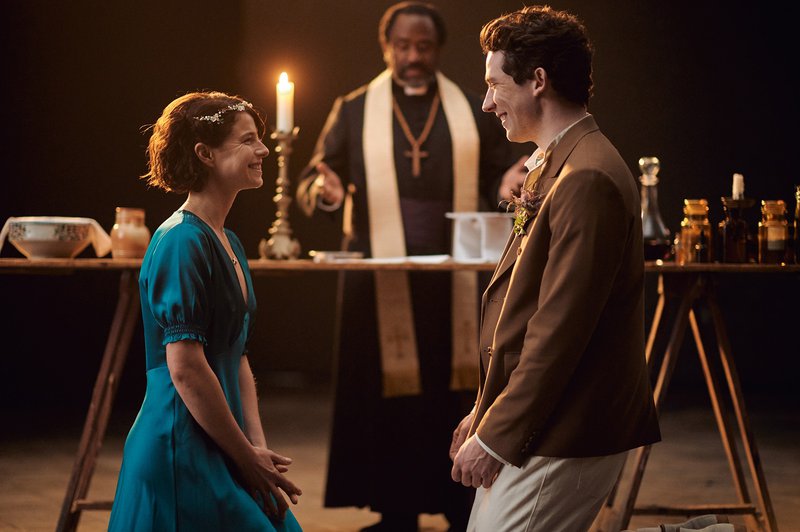 10-1 Jessie Buckley (Juliet), Lucian Msamati (Friar Laurence) and Josh O&#x27;Connor (Romeo) in Romeo & Juliet at the National Theatre. Photo by Rob Youngson.jpg